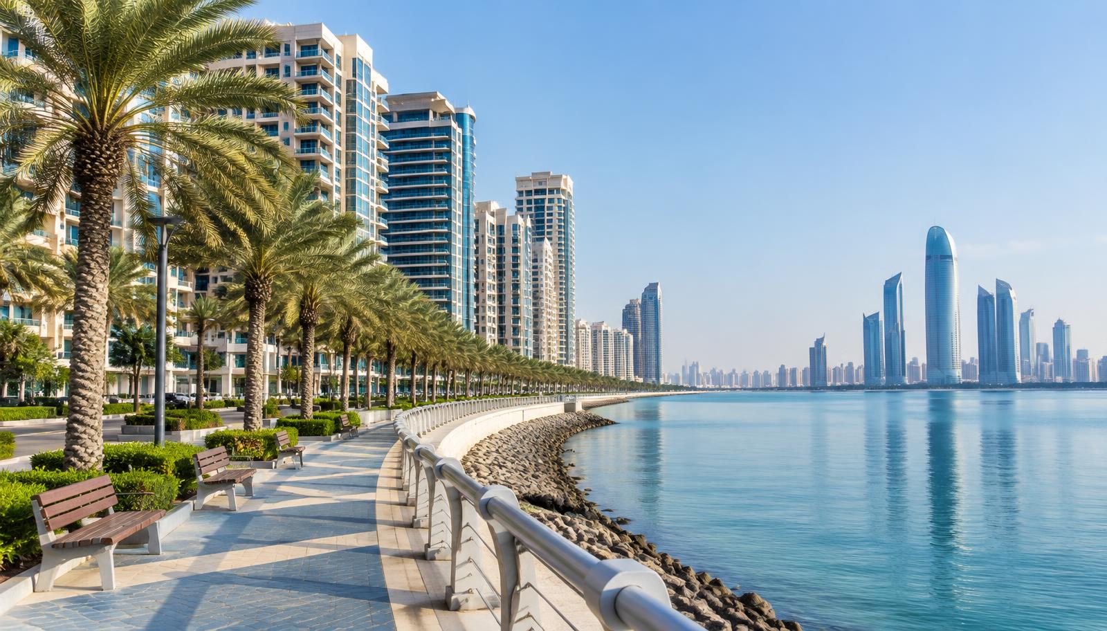 Abu Dhabi waterfront with residential towers and palm trees