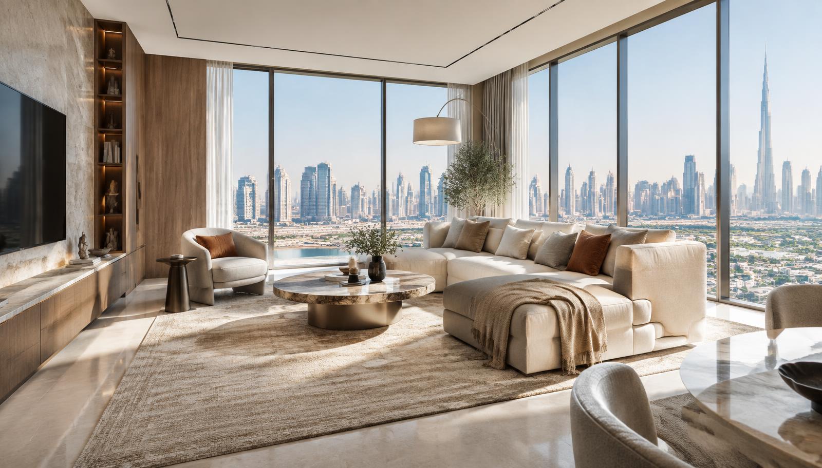 Bright apartment living room with large windows
