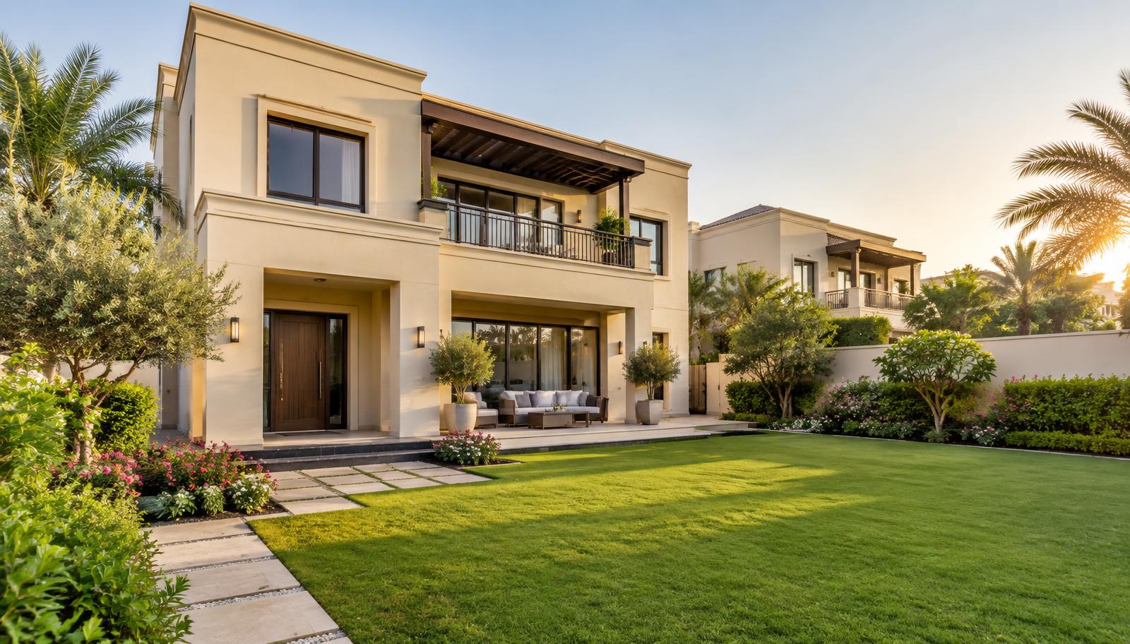 Landscaped villa with a welcoming entrance